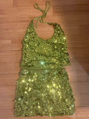 Neon Lime Sequin Halter Crop Top & Skirt Set